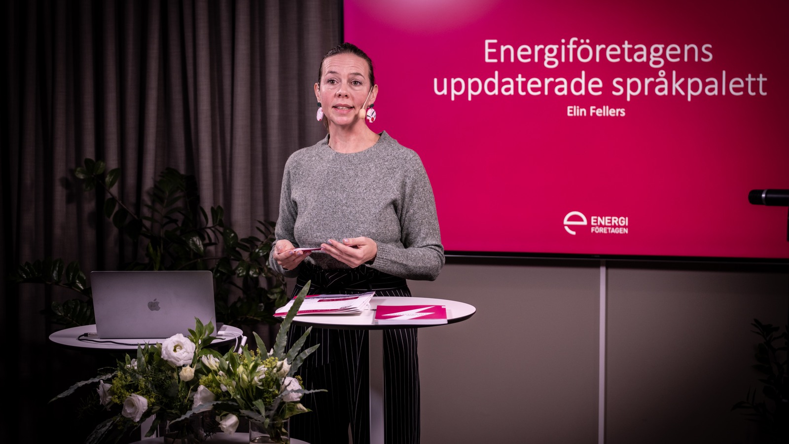 Elin Fellers, projektledare för projektet ”Välutbildade nyanlända” på Energiföretagen Sverige, står i Sobonas studio och föreläser